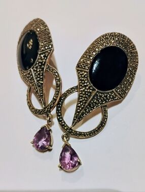 Art Deco Sterling Siliver Marcasite Black Onyx Amethyst Vintage Long Earrings